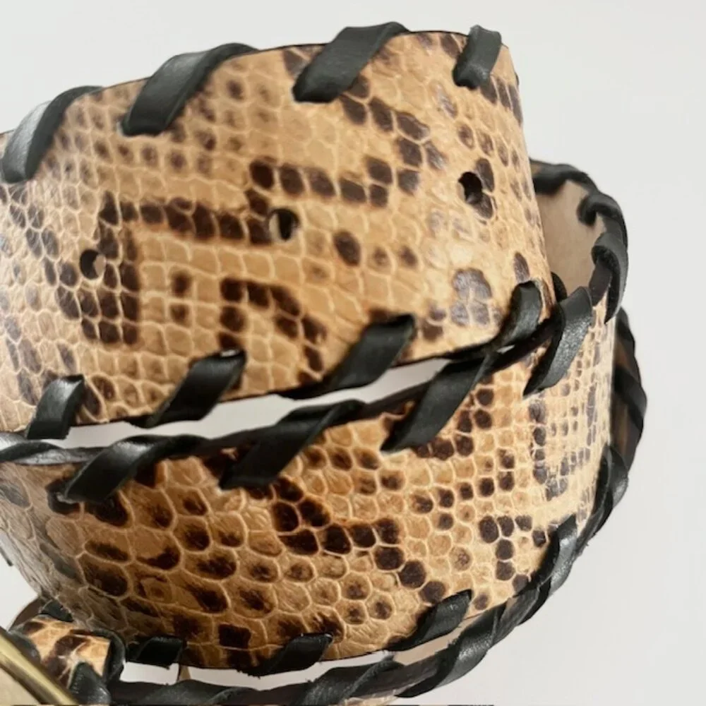 Leather Belt Snakeskin Print Tan Brown Black Gold Tone Buckle Size Large